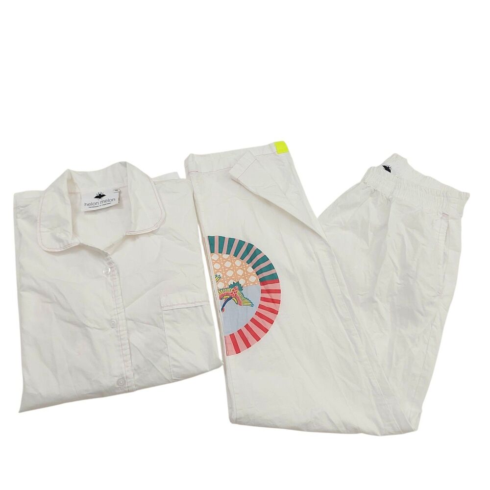 Helon Melon Womens XS White Cotton Pajama Set Crane Graphic Comfort Loungewear